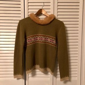 Anthropologie Fair Isle fur collar green sweater